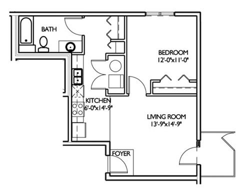 Floor plan for 1 bed, 1 bath, 830 sqft